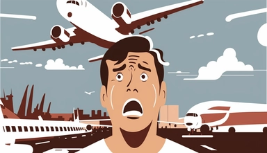 shocked face of a migrant worker, airport background, airplane in the sky, 2d clipart low detailed illustration, white background, miminalist, flat modern illustration