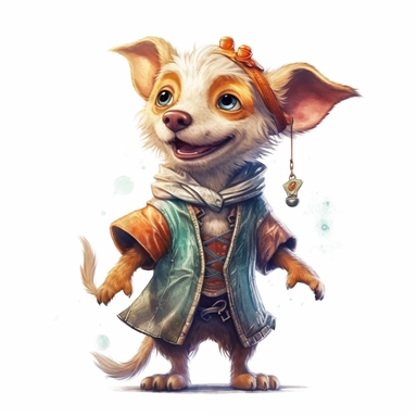 Adorable cute fantasy baby dog dressed like bard standing in dynamic pose,front view,fullbody,sharp through out,happy expression, nursery art, clipart image, lineart image, white background, very detailed, 8k, composition wide shot