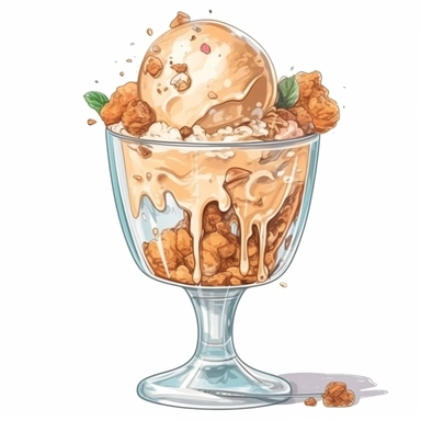 Watercolour of a toffee Ice Cream in a glass bowl , Clipart,Cartoon,hyper realistic, intricate detail isolated on a white background, high quality, sublimation, detailed, cartoon style
