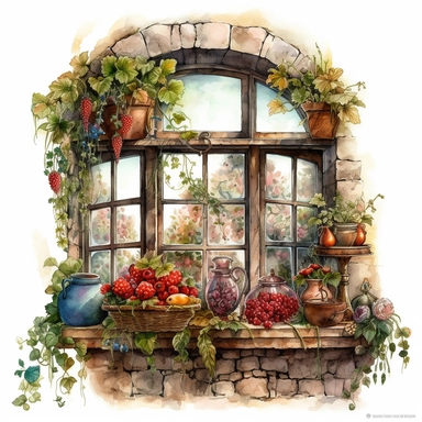watercolor mixed media fantasy art, Part of a cozy living room is a wall with a window richly decorated with moss and flowers, on the windowsill there is a vase with flowers and raspberries and blueberries and a berry pie, masterpeiece by Eleanor Vere Boyle, Victorian Architecture, Witchcore, PNG clipart, isolated on white, extreme photorealistic details, 32k HD resolution, realistic high detailization high resolution