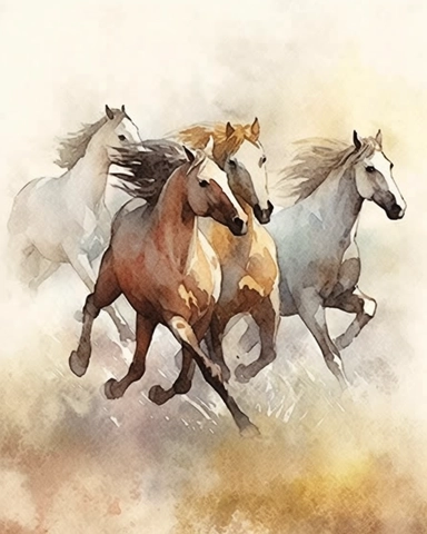 Watercolor painting style, Wild horses galloping in the steppe clipart, vintage, wyite background