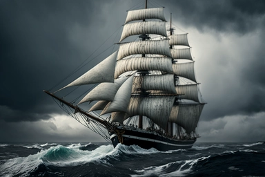 a fully rigged clipper sailing ship rounds cape horn on a gray stormy day. The photo was taken in front of the ship from a low vantage point. The ship is tilted by the strong wind and fights against the heavy swell. The rendering is done using Octane Render and Blender, with a 32k resolution, providing an ultra-realistic and ultra-detailed image, a blend of dark fantasy and science fiction. The final result is a beautiful, photorealistic, and cinematic masterpiece, a perfect blend of beauty and 