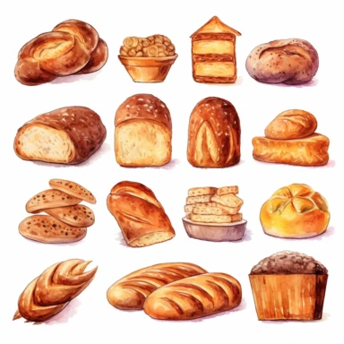 Watercolor loaf of breads, illustrations clipart set, simple, soft colors, cartoon elements, different variants, bread from around the world, wooden elemnts, separate elements with a margin