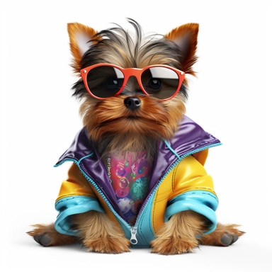 A cute and adorable Yorkshire Terrier puppy dressed in vibrant spring clothes and sporty sunglasses is pictured in this image. The level of detail is insane, with every hair and fold in the fabric meticulously rendered to perfection. The puppy stands out against an all-white clipart background, making him the center of attention. The image is so realistic, you can almost feel the soft fur and hear the pup's playful barks. Cinematic lighting enhances the overall beauty of the image, making it a t