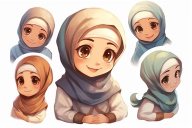 Little muslim girl wearing hijab hugging the book to her chest, illustration for book, children's book, multiple positions, five years old, Watercolor Clipart, strybk, full Illustration, 4k, sharp focus, watercolor, smooth soft skin, symmetrical, soft lighting, detailed face, concept art, watercolor style, strybk, children's style fairy tales, chibi kawaii, . Octane rendering, 3d. Perfect face, detailed face, delicate face, perfect sharp lips, detailed eyes. Craig Davison, Aubrey Beardsley, Conr
