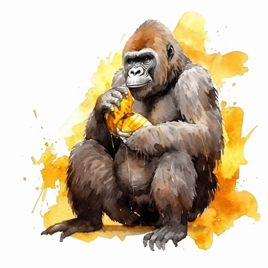 realistic watercolor gorilla pealing banana skin and enjoy eating banana on solid white background, clipart