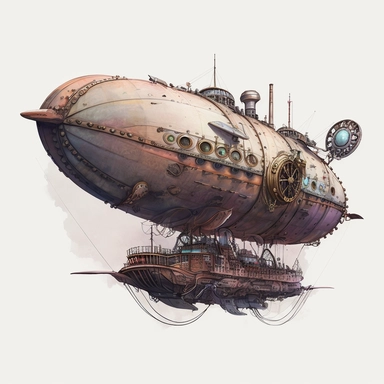 Envision a massive, streamlined airship with a steam-powered engine and intricate gear-driven controls. It travels silently through the air with the help of its large propellers. Watercolor style in high resolution with white background. 4k clipart