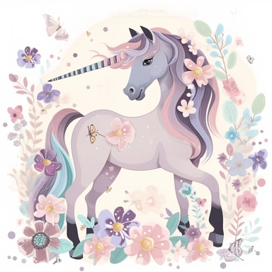 A horse clipart design for girls with a soft and girly color palette of pastel colors like pink, purple and blue to create a dreamy atmosphere. The horse itself is majestic and has a long flowing tail and mane that move in the wind. Flowers and butterflies surround the horse and give the design a romantic touch