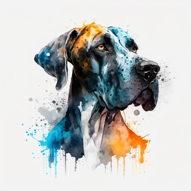 the Great Dane is painted beautifully with watercolor splashes, in the style of light azure and dark amber, uhd image, avacadopunk, ferrania p30, elegant, emotive faces, high resolution, symmetrical, white background, no overflow, clipart