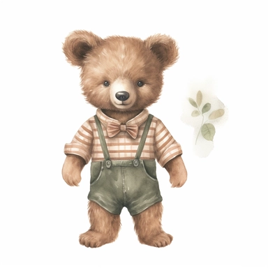 little baby, brown bear,neutral nursery art,cute bear, baby clothes, cotton clothes,intricate,disney, baby light green,baby light blue, baby light ocher,hairy, cotton, beautiful trees,enchanted Forest,realism, watercolor painting, enchanted Forest, solid background, white background, vintage outfit, oil painting, photobashing, tattoo design,clipart--v 5