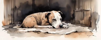 small scared asleep brown and white pit bull in a large dirty shelter kennel, laying on a blanket on the floor, watercolor, and ink drawing, clipart, happy, gentle smile, beautiful watercolor ink wash coloring, thick pencil lines, Jon klassen, Adrian tomine, popular on etsy, watercolor illustrations clipart, watercolor illlustrations for kid
