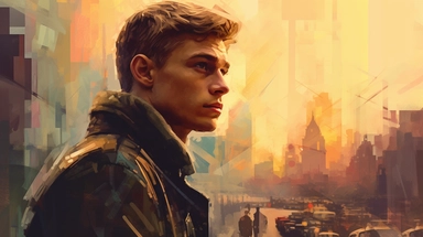 beautiful stunning pretty vintage, futuristic bladerunner style young man, paint art style, clipart, city landscape background, superrealistic, one of a kind