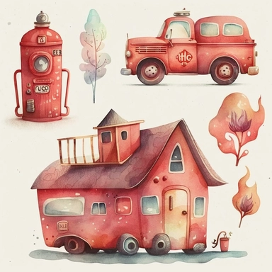 watercolor clipart of a cute red fire station for fireman , different lateral standing poses, cute cartoon vehicle, pastel