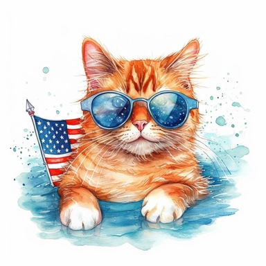 4th of july ginger cat in sunglasses, beautiful, realistic, colored pencil and watercolor, white background, clipart, illustration, comic, magic