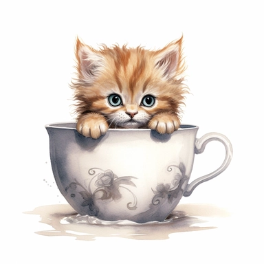 Imagine a curious clipart kitten with wide eyes and a raised paw, peering out from a teacup with a whimsical expression on a clean white background. 032
