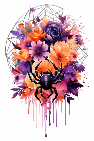 halloween spider on web, flowers, purple, orange black watercolor clipart