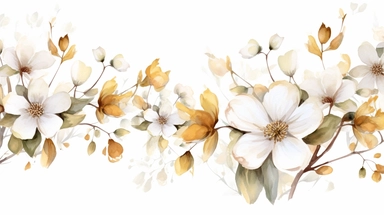 Watercolor clipart of delicate golden dogwood flowers, branches and leaves, on white background