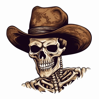 skeleton skull wearing a brown cowboy hat. Clipart. Graphic print