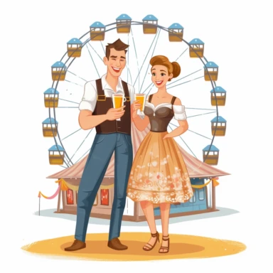 German man in lederhosen and woman in dirndl toast with one mug of beer at the oktoberfest with the ferris wheel in the background, clipart, white background