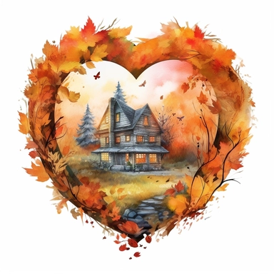 painting of a heart with an autumn cottage inside of it, in the style of enchanting realms, nature-inspired installations, bloomcore, mesmerizing colorscapes, skillful, fluid and organic, cottagecore, clipart, blank white background