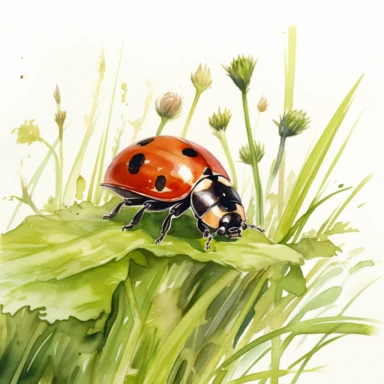 Edward Hopper style, cute ladybugwalking on the grass, dirt in the garden, sophisticated vibes, watercolor, white background for clip art, high quality, fine lines
