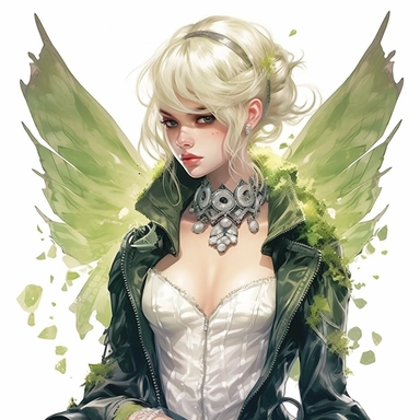 Disney princess Tinkerbell, pale yellow rocker lbun hairstyle, green leather jacket over a ripped white ballgown, fairy wings crystal necklace, skulls, gothic style, rock style, clipart, white background, by Kawacy