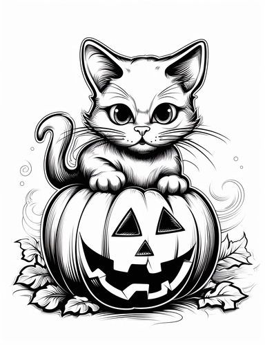clipart cartoon jack-o-lantern pumpkin, curious cat in the style of Pierre-Auguste Renior black and white coloring book, black and white smooth thick lines, solid white background, no background