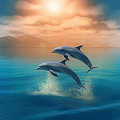 panoramic view, 2 dolphins jumping out of beautiful blue water in the far distance, sharp focus, high detail, romantic, fantasy, ethereal, illustration clipart style