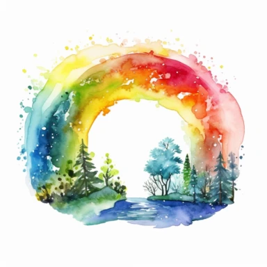 A colorful rainbow arcs across the sky, bringing a sense of wonder and magic to the watercolor Spring garden, ,clipart, on a white background.