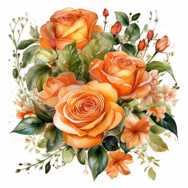 Birthday orange roses bouquet watercolor design clipart