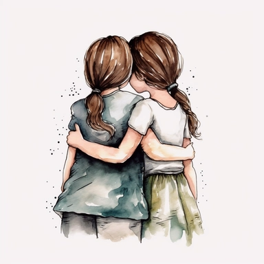 illustration, watercolor, best friend hug clipart, black outline, white background