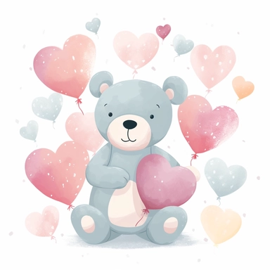 teddy bear with hearts clipart, vector cartoon nursery illustration, flat illustration, pastel colors, white background, very low detail, ar 2:3