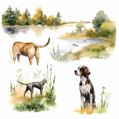 watercolor hunting scene in forest or fields with lake in vicinity on white background with setter and pointer dogs in pointing stand , illustrations clipart set, simple, , cartoon elements ,different variants , natural elements, separate elements with a