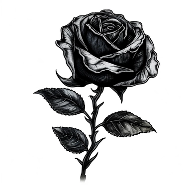 Black rose clipart on a white background: This is a meticulously illustrated clipart of a black rose. The rose itself is a deep, shadowy black, blooming in full splendor. Attached to its green stem, give it a more realistic and intricate look. The contrast against the pure white background highlights the details of the rose. Perfect for a variety of design uses. Create in a 1:1 aspect ratio