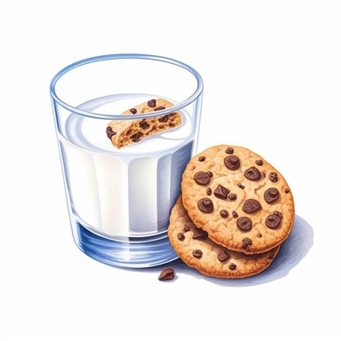 Glass cup milk and chocolate chip cookies sublimation clipart, hd, intricate detail, illustration style, high solution, on the white background