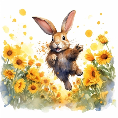 Energetic rabbit hopping through a field of sunflowers, white background, watercolor clipart