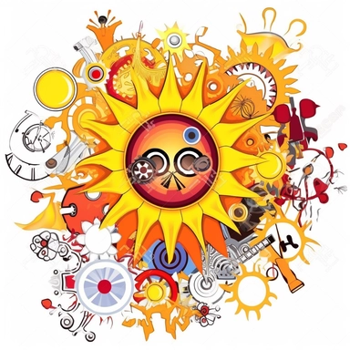 clipart, abstract illustration of the sun with a range of objects, colors, and attributes, white background, highly detailed