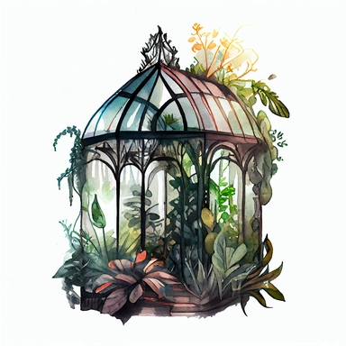 on a white background for a clipart realistic and detailed whimsical deep and bright color watercolor and black ink illustration in the 2d anime style. a glass greenhouse in art deco style. Add magic vegetation, magical details and mystical atmosphere. plants are everywhere