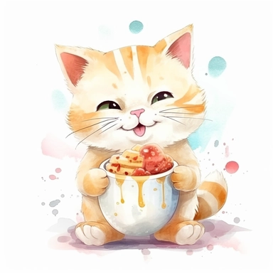 cute smiling watercolor cat holding food, white background, clipart, 8k resolution, high saturation, juicy colors, unreal engine