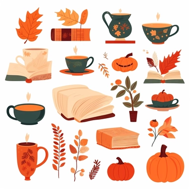 Falls illustrations with books, cozy sweaters, leaves, pumpkin pies and cups of tea or coffees, Cute autumn vector clipart in flat cartoon style.