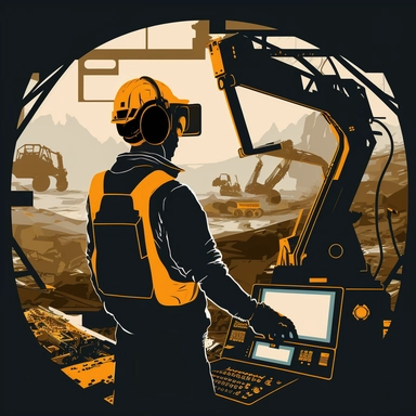 excavator cockpit, worker wearing vr headset, virtual reality hmd, poster, simplistic, abstract, vector, 2d illustration, clipart, few colors