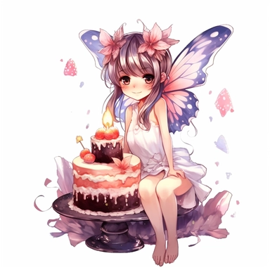 Fairy Clipart, Japan Anime style, beautiful smiling cute fairy holding a birthday cake, full body, on a white background