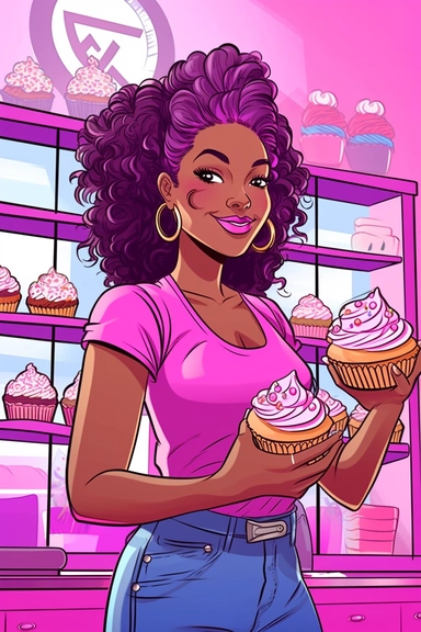 gorgeous sweet black woman, clipart, cartoon illustration, cupcake prodigy, christa mckenzie pose and head pose photos a new cupcake business website, in the style of vibrant pink & purple bakery backdrops, synthetism-inspired, pop cultural, 32k uhd, smilecore, embroidery art, bold curves