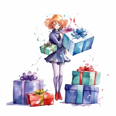 watercolor, Hand with gifts set. Holding present boxes, and holiday packages in festive paper wrapping, tied with ribbon, and bow. Christmas and birthday surprises. png Full body realistic cartoon in 32K UHD cute. 15 cm thick outline. Black color. There was no shadow on the ground. 8k with realistic watercolors and detailed illustrations. PNG clipart, transparent white background