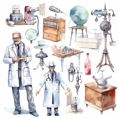 watercolor doctor related scenes , illustrations clipart set, simple, , cartoon elements ,different variants , nurse, doctor, stethtescope, mechanical body weighing scale, microscope, ,separate elements with a margin