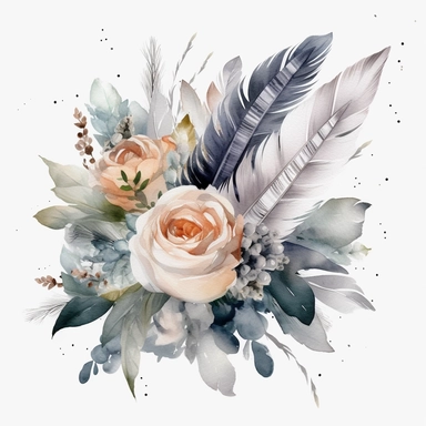 Watercolor dusty greay and white feathers bouquet clipart white background no text wedding style eligible for transparent background