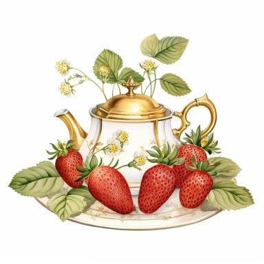 A white tea tray adorned with a garland of gold-dusted strawberries clipart, white background, watercolor drawing