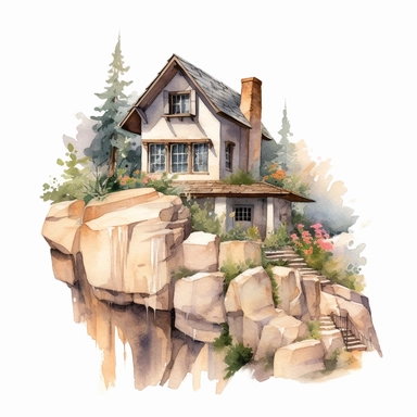 watercolor cottage house on stones cliff wildflowers clipart, far away mountains, subdued colors
