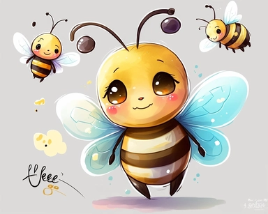 vector drawing for clipart of a cute sad be, the be has a sad expression on its face, image is on a white background, bee is the focal point, nursery watercolor, in the style of watercolor painting, white background, charming anime characters, cute and colorful, depiction of animals, high quality, multiple poses