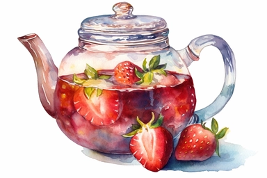 watercolor strawberry tea pot clipart, hd, isolated on white background, spaced out